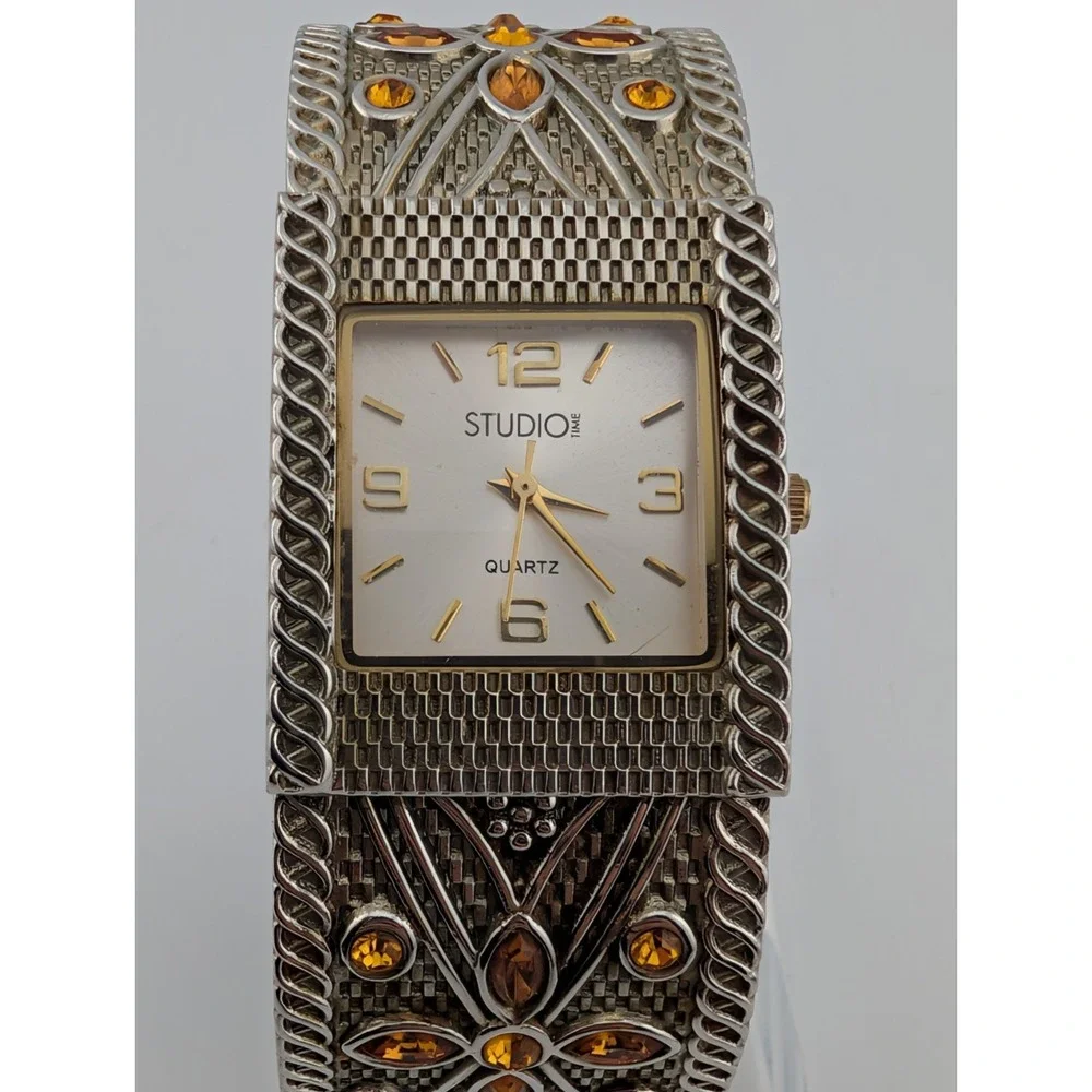 Studio Time Watch Women 28mm Case Silver Bangle Orange Gems- New Battery
